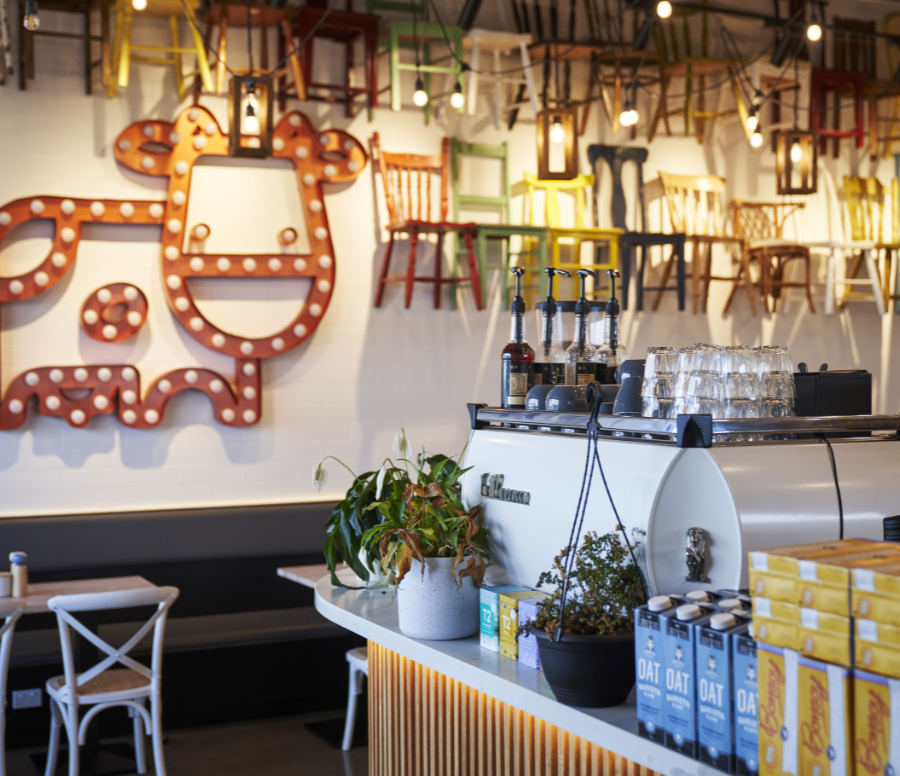 Coffee shop with cow on wall